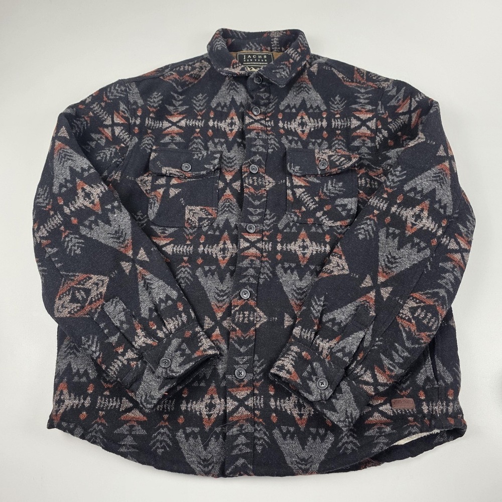 JACHS New York Shirt Jacket Mens XL Black Aztec Sherpa Lined Quilted Flannel